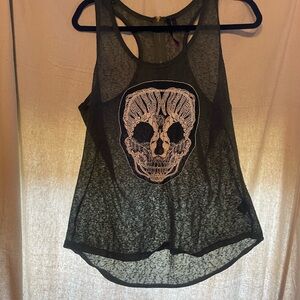 Embroidered Skull Graphic Racerback Tank Top in Dark Green